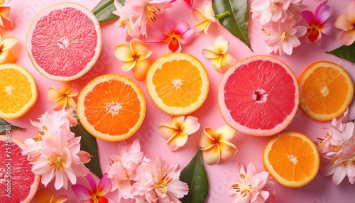 Juicy pink and orange citruses circle slices on pale pink background with frangipani and orange blossom flowers. Summer optimism background. Flat lay of sliced citrus fruits.