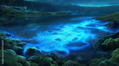 bioluminescent pond surrounded by small rocks 