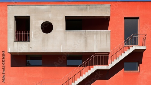 a red building with two balconies and a set of stairs leading up to the top of the building. photo