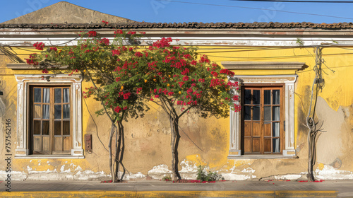 a tree in front of a yellow building with two windows and a red flowered bush in front of it. photo