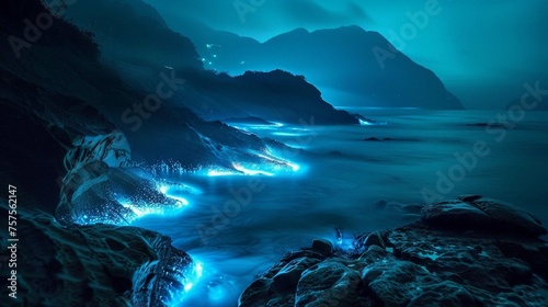bioluminescent waves with mountains at night © mumtaz
