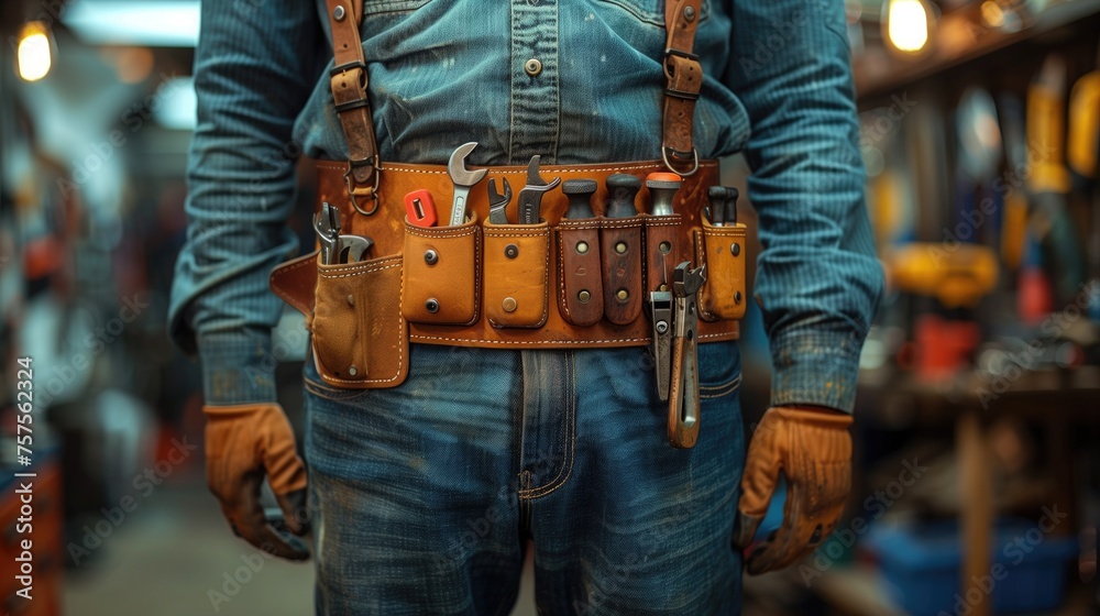 At an auto repair shop, a mechanic wears a tool belt loaded with wrenches, sockets, and other automotive tools, showcasing their expertise in diagnosing and fixing vehicle issues