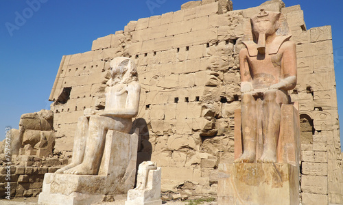 Karnak Temple in Egypt. Monumental Pharaoh Thutmose II Statues.