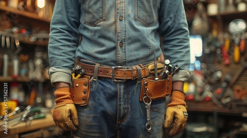 At an auto repair shop, a mechanic wears a tool belt loaded with wrenches, sockets, and other automotive tools, showcasing their expertise in diagnosing and fixing vehicle issues