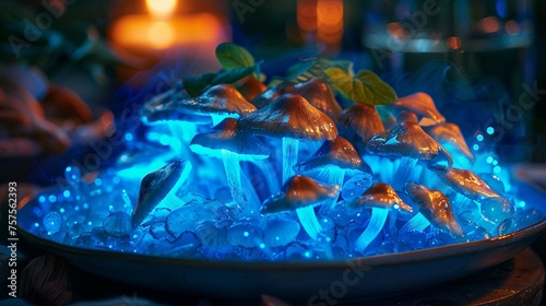 Bioluminescent mushrooms incorporated into a glowing bowl