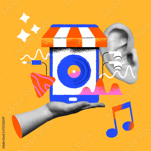 Music store phone app cartoon, hand and ear in retro collage vector illustration