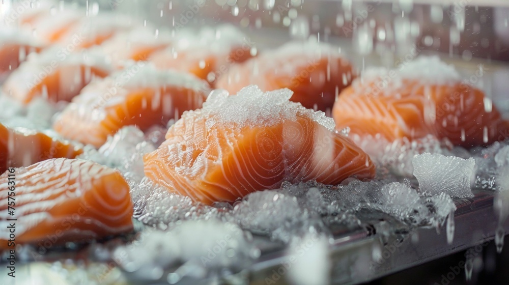 Fresh Salmon Fillets Chilling on Ice at Processing Facility. Generative ai Fresh Salmon Fillets Chilling on Ice at Processing Facility. Generative ai