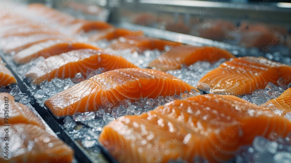 Fresh Salmon Fillets Chilling on Ice at Processing Facility. Generative ai Fresh Salmon Fillets Chilling on Ice at Processing Facility. Generative ai
