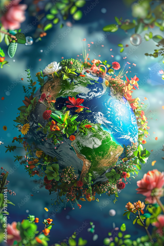 A 3D planet earth infused with natural elements for Earth Day concept A 3D planet earth infused with natural elements for Earth Day concept