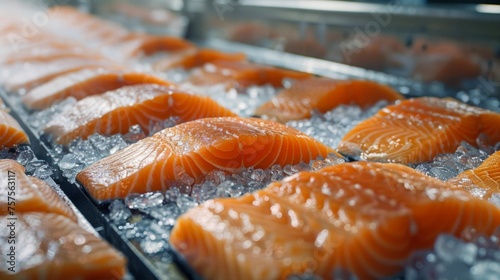 Fresh Salmon Fillets Chilling on Ice at Processing Facility. Generative ai