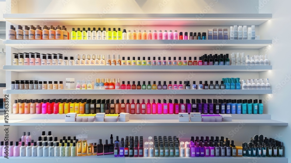 nail polishes adorning shelves in a bustling cosmetic store, offering a kaleidoscope of colors and options for beauty enthusiasts.