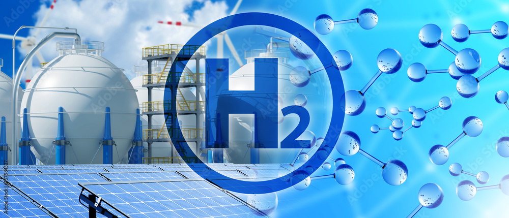 Hydrogen power station. Factory with H2 logo. Hydrogen molecules near manufactory. Exterior of modern power plant. Hydrogen plant with solar panels. Spherical tanks electric station. 3d image - obrazy, fototapety, plakaty 