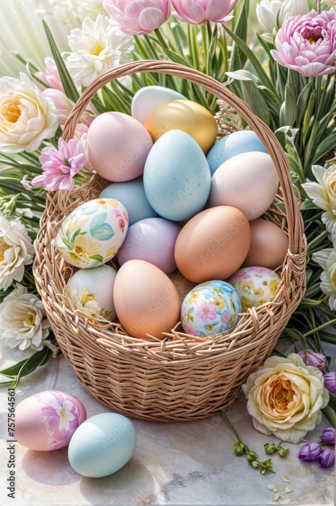 A basket full of Easter eggs with flowers in the background