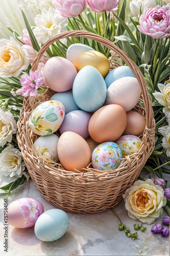 A basket full of Easter eggs with flowers in the background