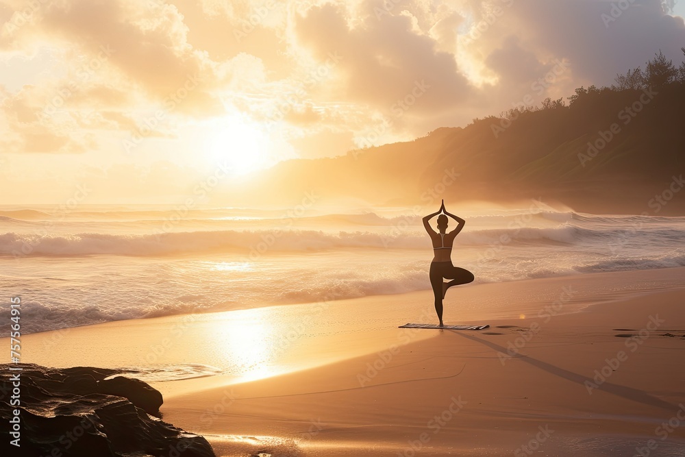 A woman is practicing yoga on the beach