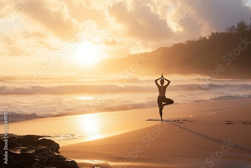 A woman is practicing yoga on the beach