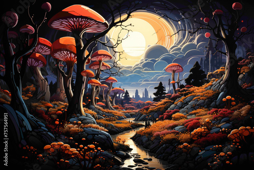 A road winding through a valley of giant mushrooms, with their unique shapes and colors creating a whimsical and fantastical scene.