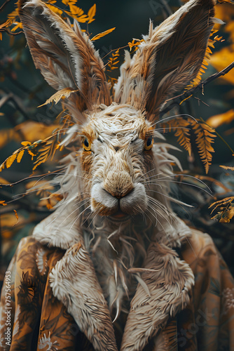 A closeup of a Blacktailed Jackrabbit, a terrestrial organism, wearing a fur coat made from natural materials. The art event showcases wildlife and the beauty of animal fur photo
