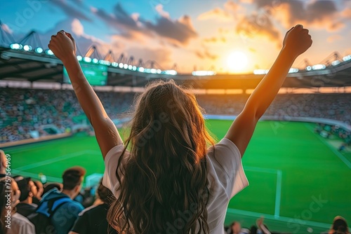 A woman is standing in a stadium with her arms raised, celebrating © BetterPhoto