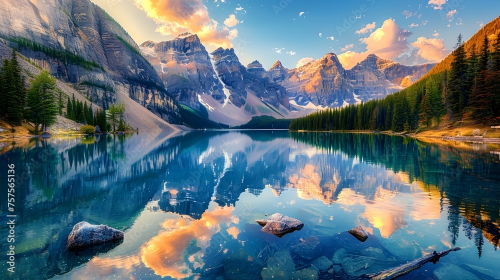 Crystal Clear Lake Mirroring a Breathtaking Mountain Range - Generative AI