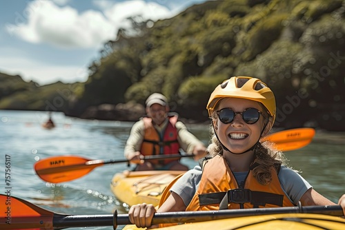 A young girl wearing a yellow life jacket is paddling a kayak with a man © BetterPhoto
