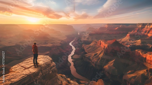 Hiker Gazing at Sunset Over Grand Canyon River - Generative AI