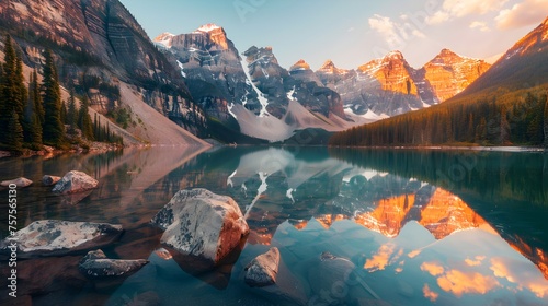 Pristine Mountain Lake Reflecting the Warm Glow of Dawn - Generative AI