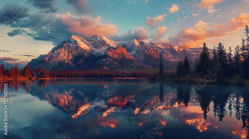 Sunset Reflections on a Mountainous Lakeside Vista - Generative AI