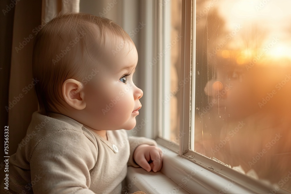 A baby is looking out a window at the sun A baby is looking out a window at the sun