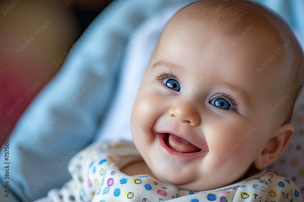 A baby is smiling and has blue eyes A baby is smiling and has blue eyes
