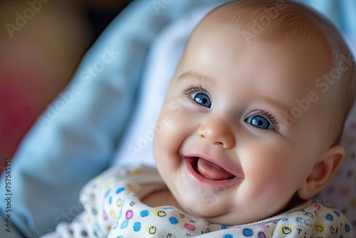 A baby is smiling and has blue eyes