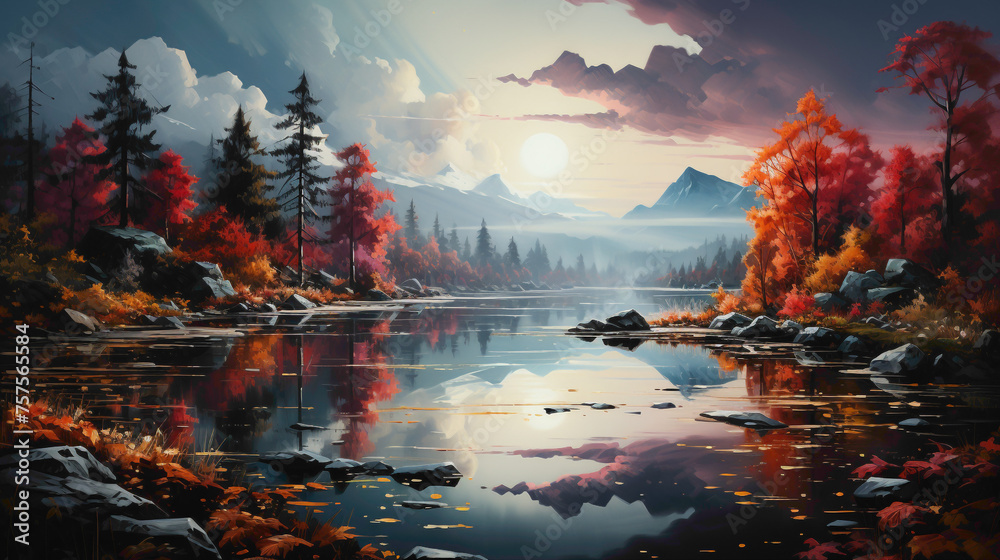A serene lake surrounded by vibrant autumn foliage, with the reflection of the colorful trees shimmering on the water's surface.
