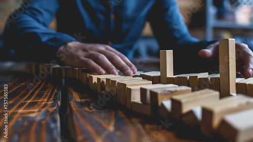 A person setting up dominoes, showing how one action leads to another in business © GraphixOne
