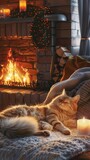 a living room, where a crackling fireplace bathed in candlelight radiates warmth, with a photorealistic cat lounging on a fluffy blanket.