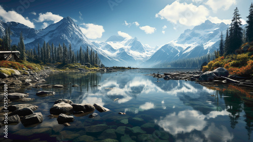 A serene mountain lake surrounded by snow-capped peaks, reflecting the tranquil beauty of its surroundings.