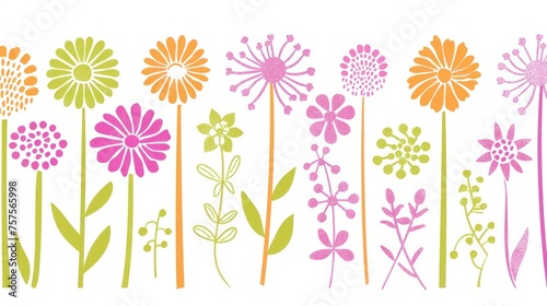 a bunch of flowers that are next to each other on a white background with pink, orange, and green flowers.