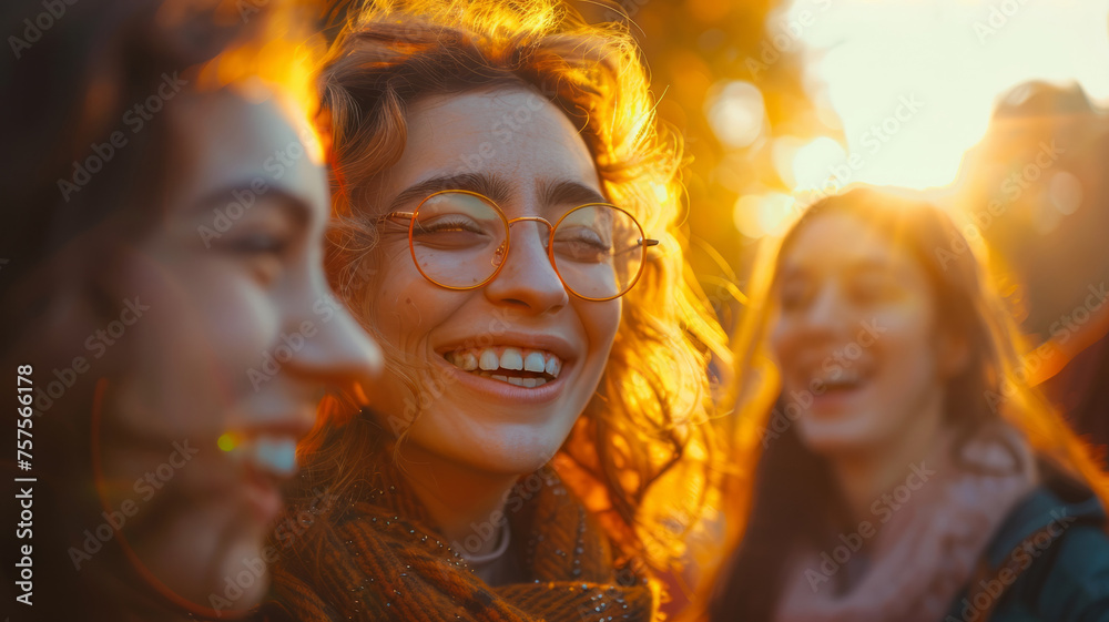 Group of happy young women at sunset