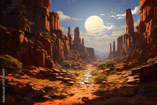A serpentine road through a canyon, with towering rock formations on either side, casting dramatic shadows in the warm sunlight.