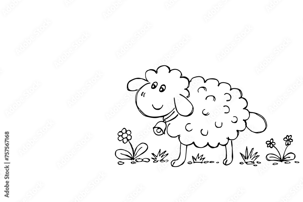 Hand drawn sheep or Easter lamb and spring flowers, black and white simple drawing Hand drawn sheep or Easter lamb and spring flowers, black and white simple drawing
