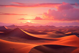 A surreal desert landscape at dusk, with towering sand dunes casting long shadows and the sky ablaze with warm hues of orange and pink.
