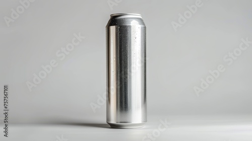Aluminum blank soda can with water, dew drops. Blank labeled. Isolated on light background. Room for copy space.
