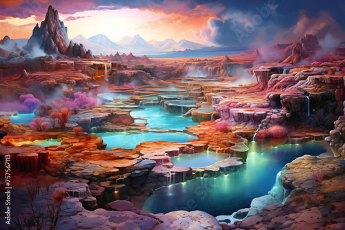 A surreal, alien-like landscape of colorful hot springs and bubbling geysers © Shanii