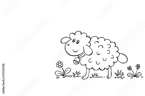 Hand drawn sheep or Easter lamb and spring flowers, black and white simple drawing