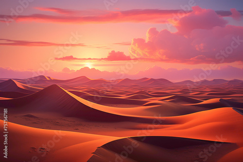 A surreal desert landscape at dusk, with towering sand dunes casting long shadows and the sky ablaze with warm hues of orange and pink.