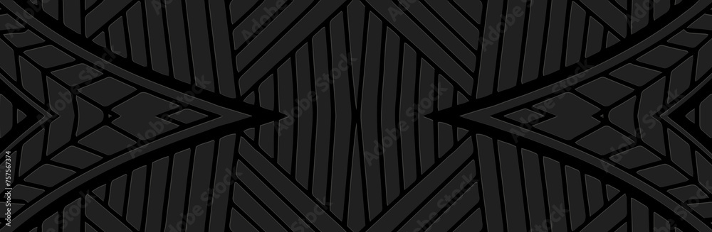 Fototapeta premium Banner. Relief geometric ethnic 3D pattern on a black background. Tribal ornamental linear cover design in the best traditions of the peoples of the East, Asia, India, Mexico, Aztec, Peru.