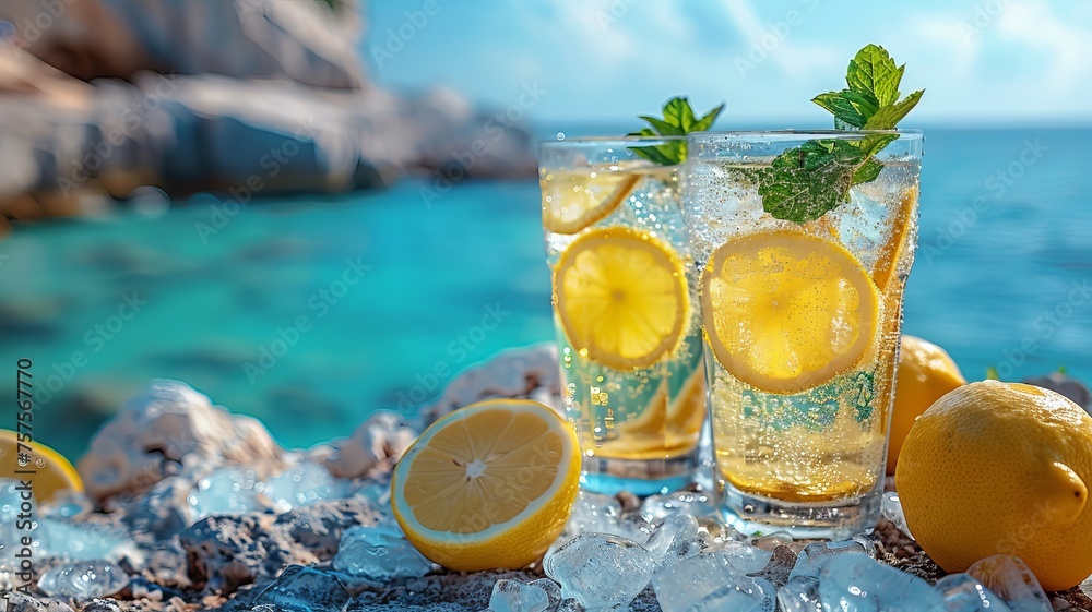 Lemonade, with ice and mint. Two glasses on the side. The beach and the ocean in the background. Lemonade, with ice and mint. Two glasses on the side. The beach and the ocean in the background.