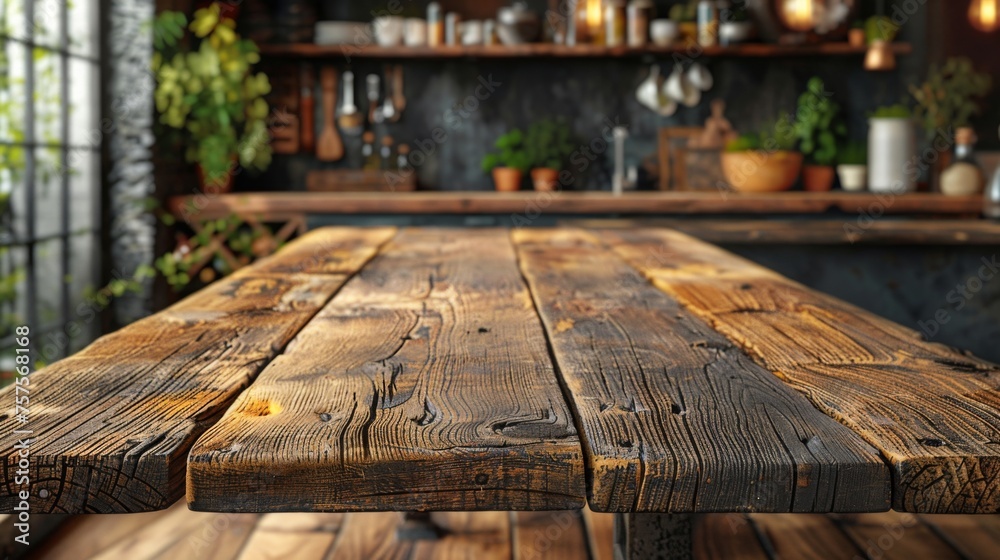 The rough texture of a reclaimed wooden table top contrasts with the soft blur of a modern kitchen setting behind. This juxtaposition creates a dynamic space for marketing eco-friendly 
