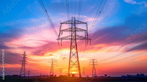 high voltage power lines at sunset,high voltage electric transmission tower
