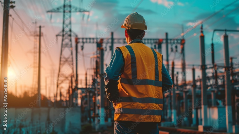 Picture of an electrical engineer standing and watching at the electric power station to view the planning work by producing electricity at high voltage electricity poles. Picture of an electrical engineer standing and watching at the electric power station to view the planning work by producing electricity at high voltage electricity poles.