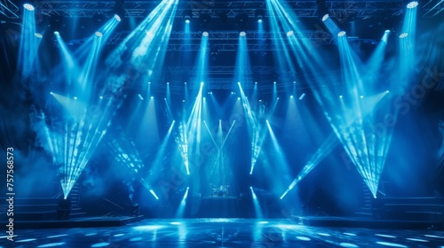 Online event entertainment concept. Background for online concert. Blue stage spotlights photo